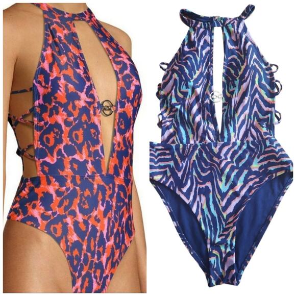 XOXO Womens High Neck Deep Plunge Multicolored Zebra Swimsuit Size Medium NWT - Picture 9 of 9